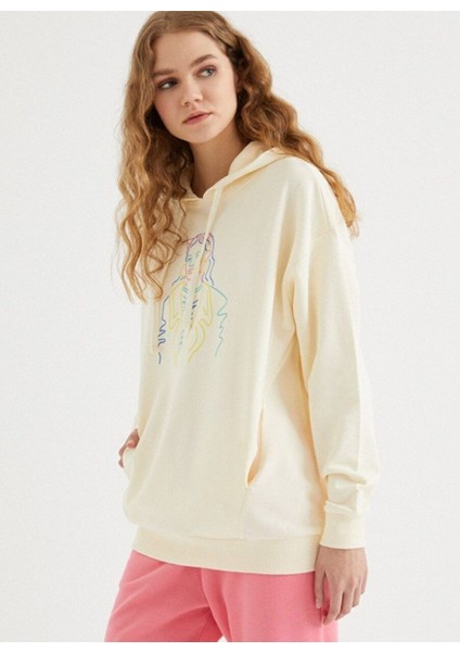 Ekru Kapüşonlu Baskılı Pamuklu Oversize Fit Kadın Sweatshirt Colourful Hoodıe W/pocket