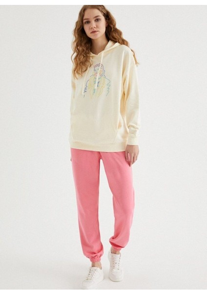 Ekru Kapüşonlu Baskılı Pamuklu Oversize Fit Kadın Sweatshirt Colourful Hoodıe W/pocket modelleri