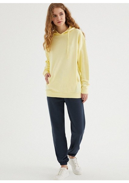 Sarı Pamuklu Oversize Fit Kadın Kapüşonlu Sweatshirtenjoy Oversıze Hoodıe W/pocket