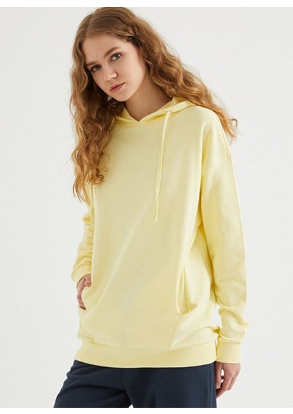 Sarı Pamuklu Oversize Fit Kadın Kapüşonlu Sweatshirtenjoy Oversıze Hoodıe W/pocket