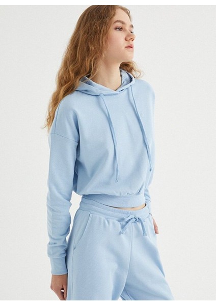 Mavi Kapüşonlu Pamuklu Regular Fit Kadın Sweatshirt Enjoy Cropped Hoodıe