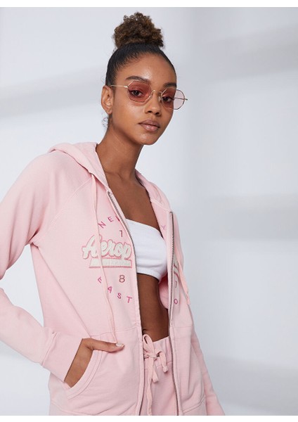 Kapüşon Yaka Nakışlı Açık Pembe Kadın Sweatshırt K-3147