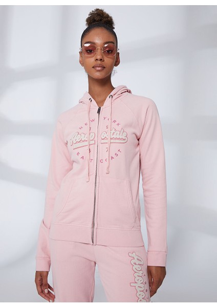 Kapüşon Yaka Nakışlı Açık Pembe Kadın Sweatshırt K-3147