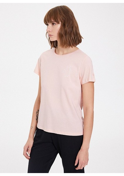 Pembe Baskılı Bisiklet Yaka Pamuklu Regular Fit Kadın T-Shirt Wınter Penguın