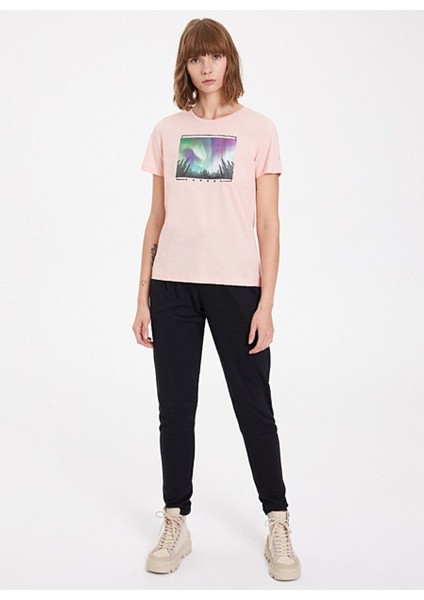 Pembe Baskılı Bisiklet Yaka Pamuklu Regular Fit Kadın T-Shirt Aurora