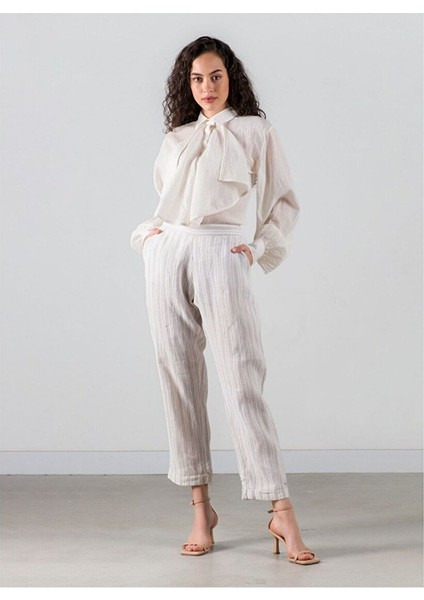 Belted Keten Pantolon Naturel / Çizgili