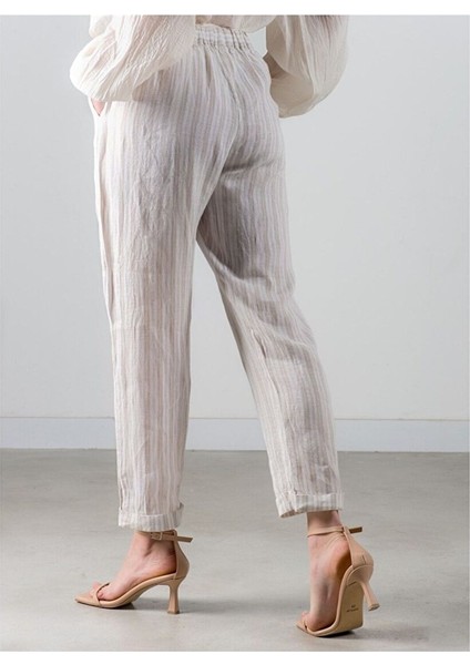 Belted Keten Pantolon Naturel / Çizgili modelleri