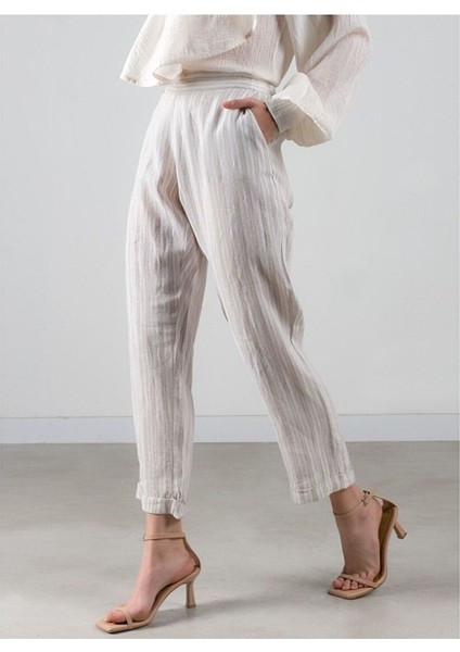 Belted Keten Pantolon Naturel / Çizgili fırsatları