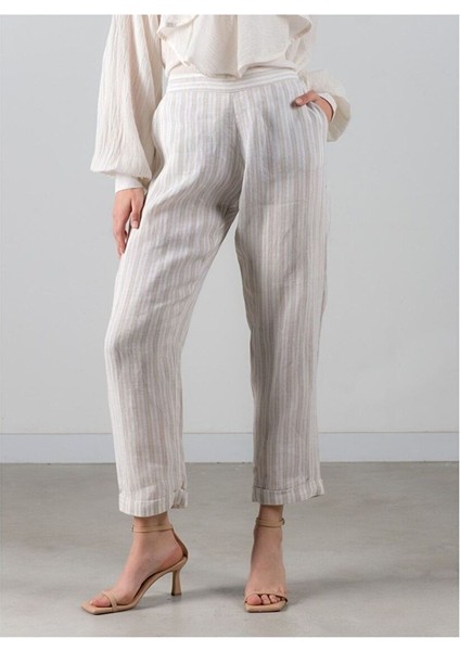 Belted Keten Pantolon Naturel / Çizgili