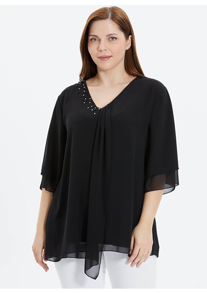V Yaka Taşlı Siyah Kadın Bluz 24YSL8828-BB