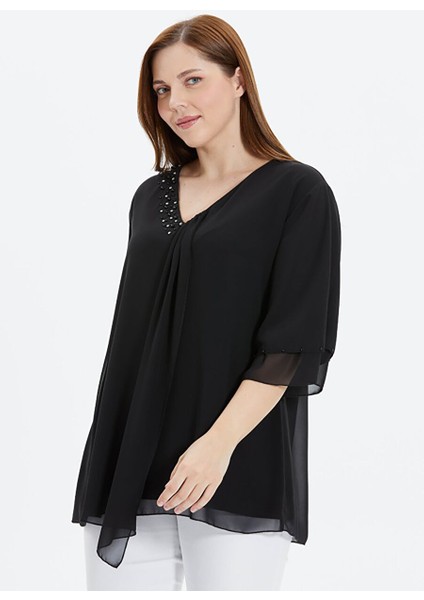 V Yaka Taşlı Siyah Kadın Bluz 24YSL8828-BB fiyatları