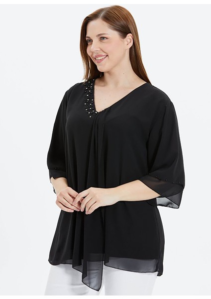 V Yaka Taşlı Siyah Kadın Bluz 24YSL8828-BB modelleri