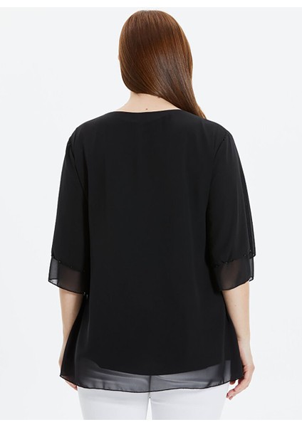 V Yaka Taşlı Siyah Kadın Bluz 24YSL8828-BB fırsatları