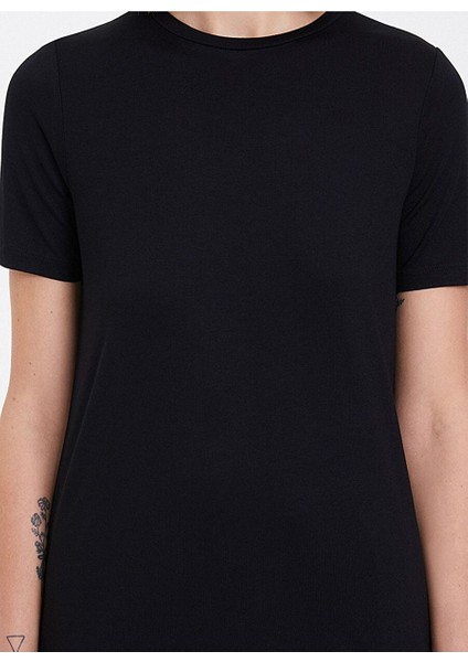 Siyah Basic Bisiklet Yaka Viskon Kadın T-Shirt Essentıals Crew Neck Loose modelleri