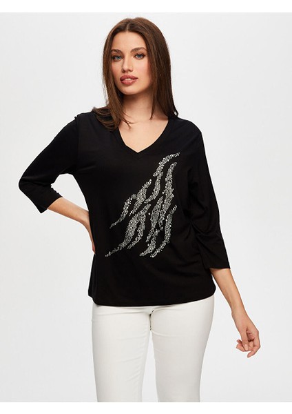 Önü Trok Taş Detaylı 3/4 Kol V Yaka T-Shirt S25TSH068