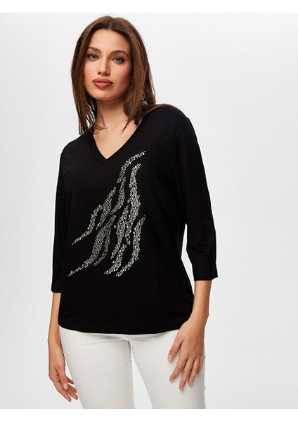 Önü Trok Taş Detaylı 3/4 Kol V Yaka T-Shirt S25TSH068