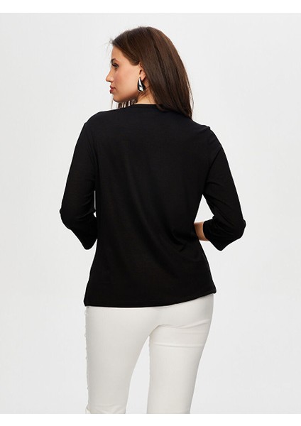 Önü Trok Taş Detaylı 3/4 Kol V Yaka T-Shirt S25TSH068