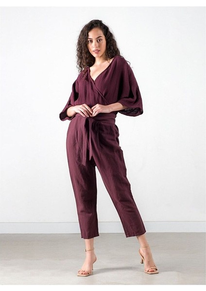 Belted Keten Pantolon Bordo fiyatları
