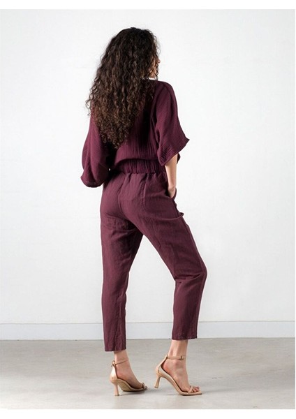 Belted Keten Pantolon Bordo modelleri