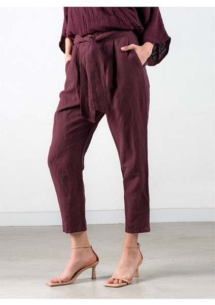 Belted Keten Pantolon Bordo fırsatları