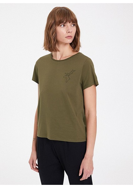 Haki Baskılı Bisiklet Yaka Pamuklu Regular Fit Kadın T-Shirt Wınter Deer