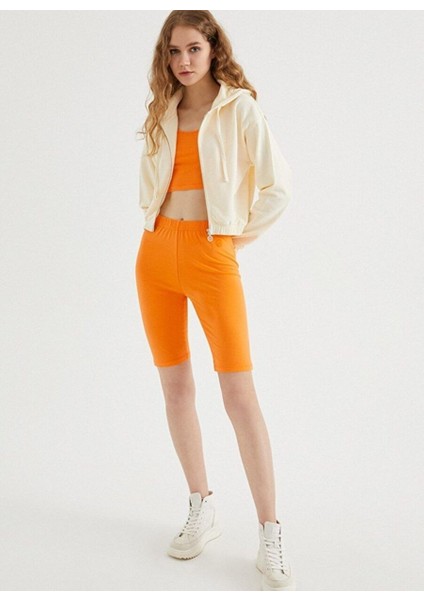 Ekru Kapüşonlu Pamuklu Fermuarlı Regular Fit Kadın Crop Sweatshirt Enjoy Cropped Zıp Hoodıe