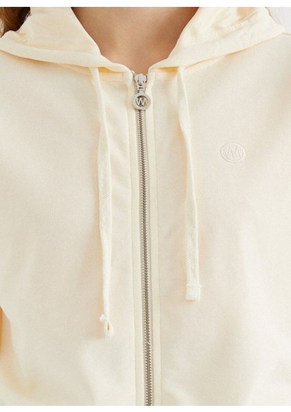 Ekru Kapüşonlu Pamuklu Fermuarlı Regular Fit Kadın Crop Sweatshirt Enjoy Cropped Zıp Hoodıe