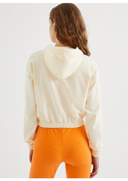 Ekru Kapüşonlu Pamuklu Fermuarlı Regular Fit Kadın Crop Sweatshirt Enjoy Cropped Zıp Hoodıe