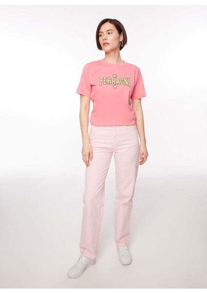 Bisiklet Yaka Baskılı Pembe Kadın T-Shirt 75CBHT03 modelleri