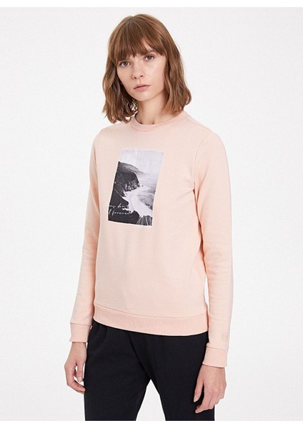 Pembe Baskılı Bisiklet Yaka Pamuklu Regular Fit Kadın Sweatshirt Wave