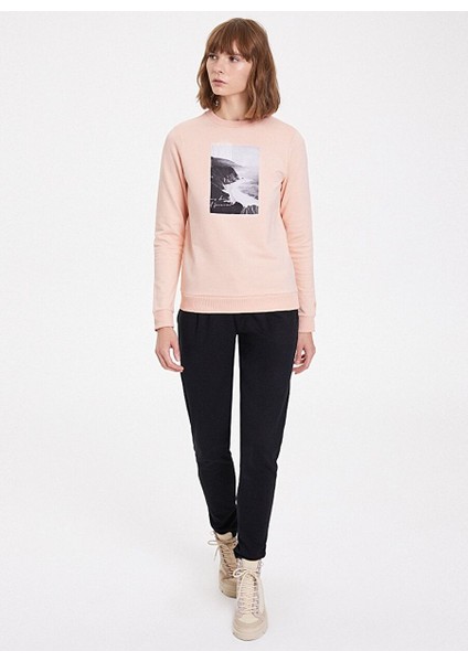 Pembe Baskılı Bisiklet Yaka Pamuklu Regular Fit Kadın Sweatshirt Wave