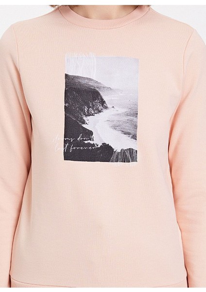 Pembe Baskılı Bisiklet Yaka Pamuklu Regular Fit Kadın Sweatshirt Wave