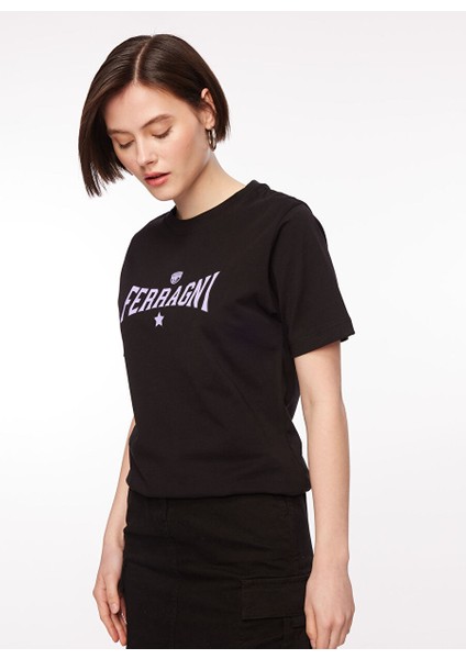 Bisiklet Yaka Baskılı Siyah Kadın T-Shirt 75CBHT03
