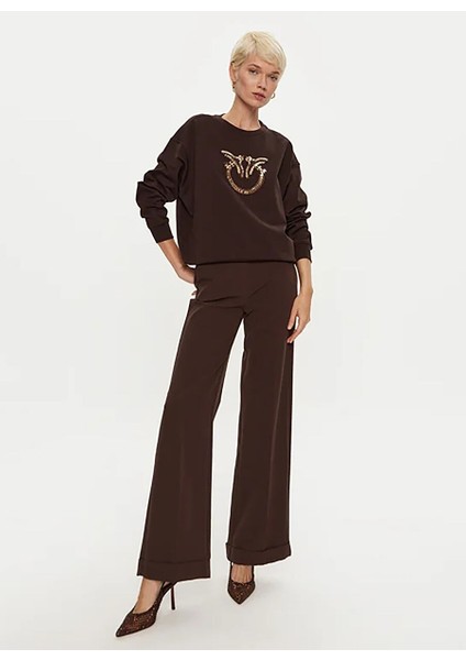 Koyu Kahve Kadın Yuvarlak Standart Baskılı Sweatshirt 100534-A24F/L72