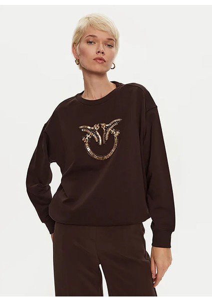 Koyu Kahve Kadın Yuvarlak Standart Baskılı Sweatshirt 100534-A24F/L72