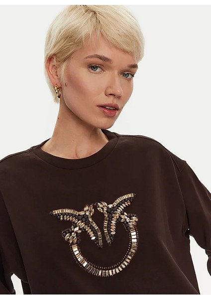 Koyu Kahve Kadın Yuvarlak Standart Baskılı Sweatshirt 100534-A24F/L72
