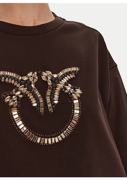 Koyu Kahve Kadın Yuvarlak Standart Baskılı Sweatshirt 100534-A24F/L72