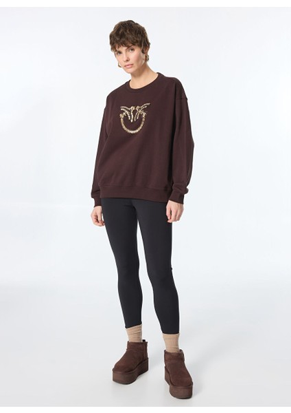 Koyu Kahve Kadın Yuvarlak Standart Baskılı Sweatshirt 100534-A24F/L72