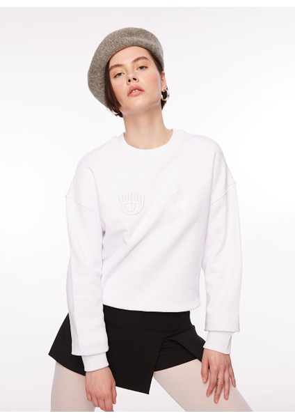 Bisiklet Yaka Düz Beyaz Kadın Sweatshırt 75CBIT05