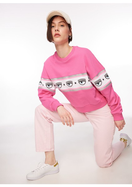 Bisiklet Yaka Baskılı Pembe Kadın Sweatshırt 75CBIF03