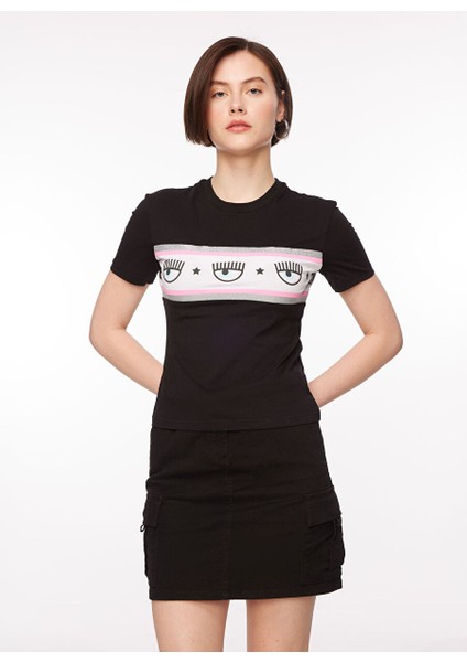 Bisiklet Yaka Baskılı Siyah Kadın T-Shirt 75CBHF02