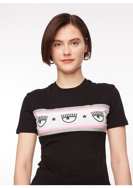 Bisiklet Yaka Baskılı Siyah Kadın T-Shirt 75CBHF02 modelleri