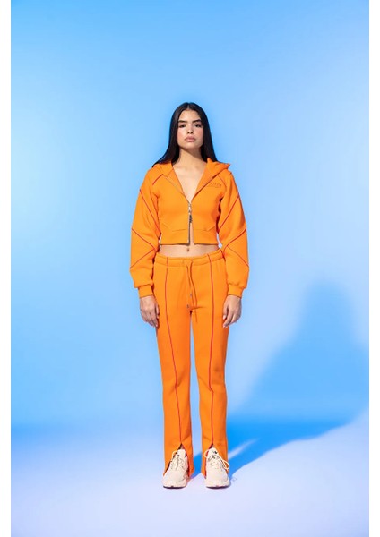Vivid Flame Orange Zip-Up Cropped Hoodie