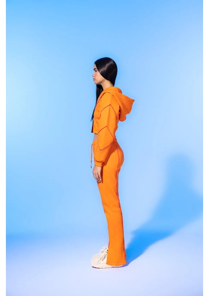 Vivid Flame Orange Zip-Up Cropped Hoodie modelleri