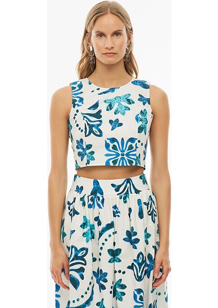 Bionas Regular Fit Çiçek Desenli Crop Boy Sıfır Kol Bisiklet Yaka Ekru Renk Kadın Bluz