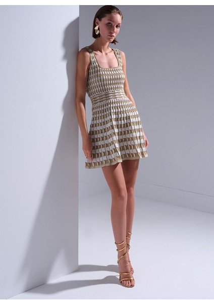 Kare Yaka Kloş Gold Mini Elbise