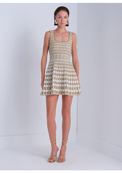 Kare Yaka Kloş Gold Mini Elbise