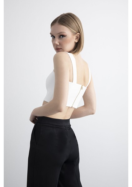 Kalın Askılı Ekru Crop Top