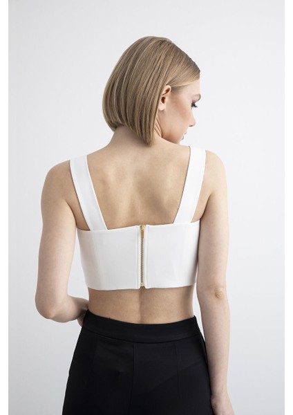 Kalın Askılı Ekru Crop Top