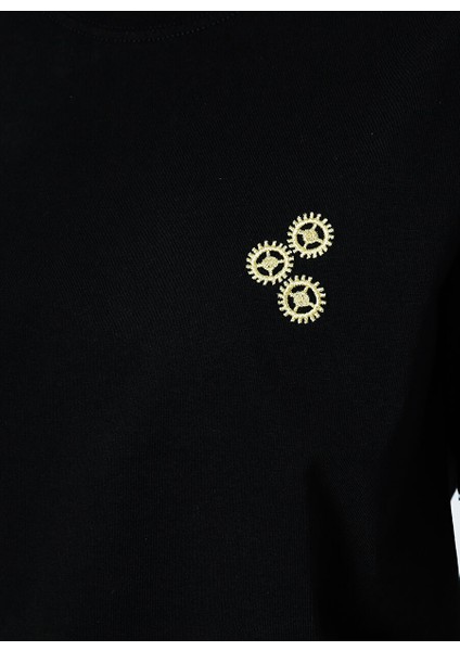 22SCTS206U-999 Grinding Bisiklet Yaka Rahat Kalıp Nakışlı Siyah Kadın T-Shirt indirimleri